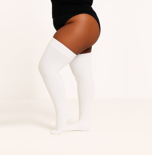 Sockmate plus size thigh socks, ribbed style white color, extra long leg warmers for curve legs, plus size women outfits