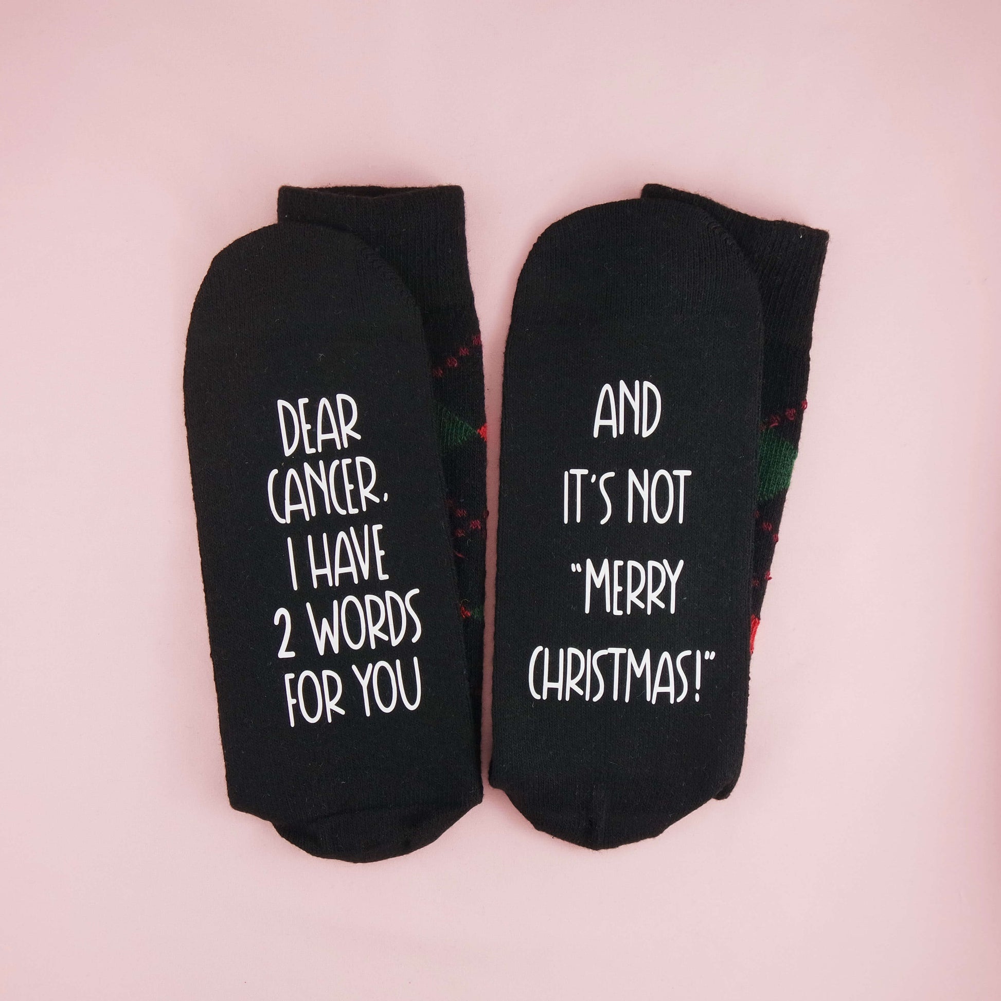 "Socks for men with a bold message directed at cancer, reflecting a fighting spirit."