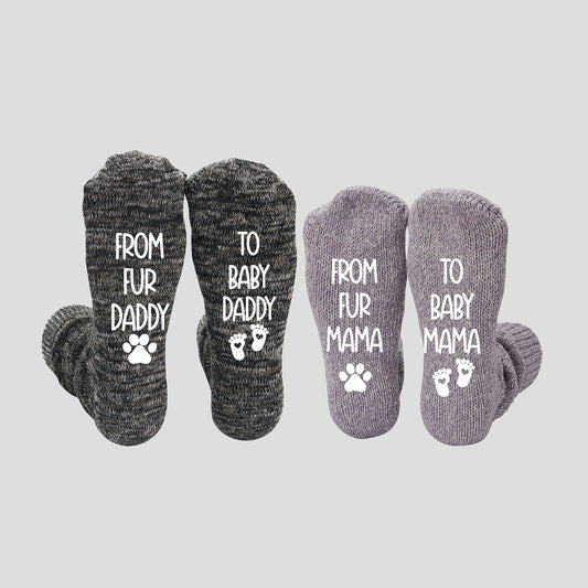 Pregnancy Socks "From Fur Mama to Baby Mama, From Fur Daddy To Baby Daddy" New Parent Sock Set