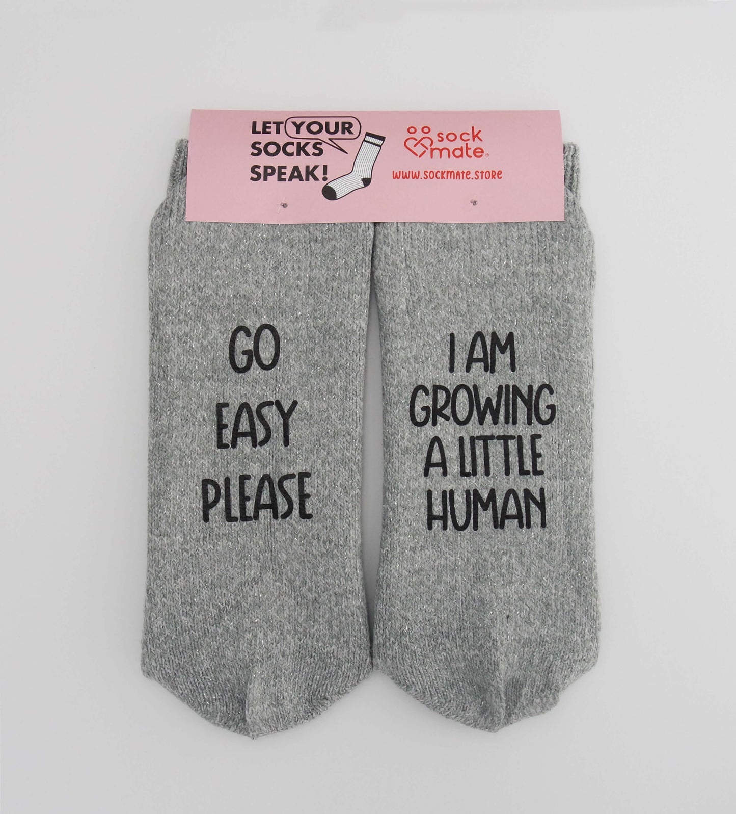 "Go Easy Please, I Am Growing A Little Human" New Mom Socks-Wool Glitter Gray