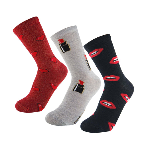 women's glitter socks with heart, lipstick, and lips patterns, adding a touch of glamour and charm to the design.