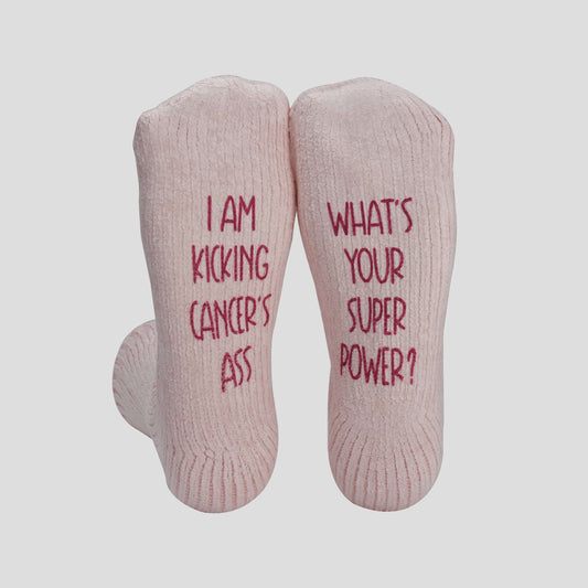 Women's "I am kicking Cancer's ass, What's your super power?" Cancer Socks / Pink Color