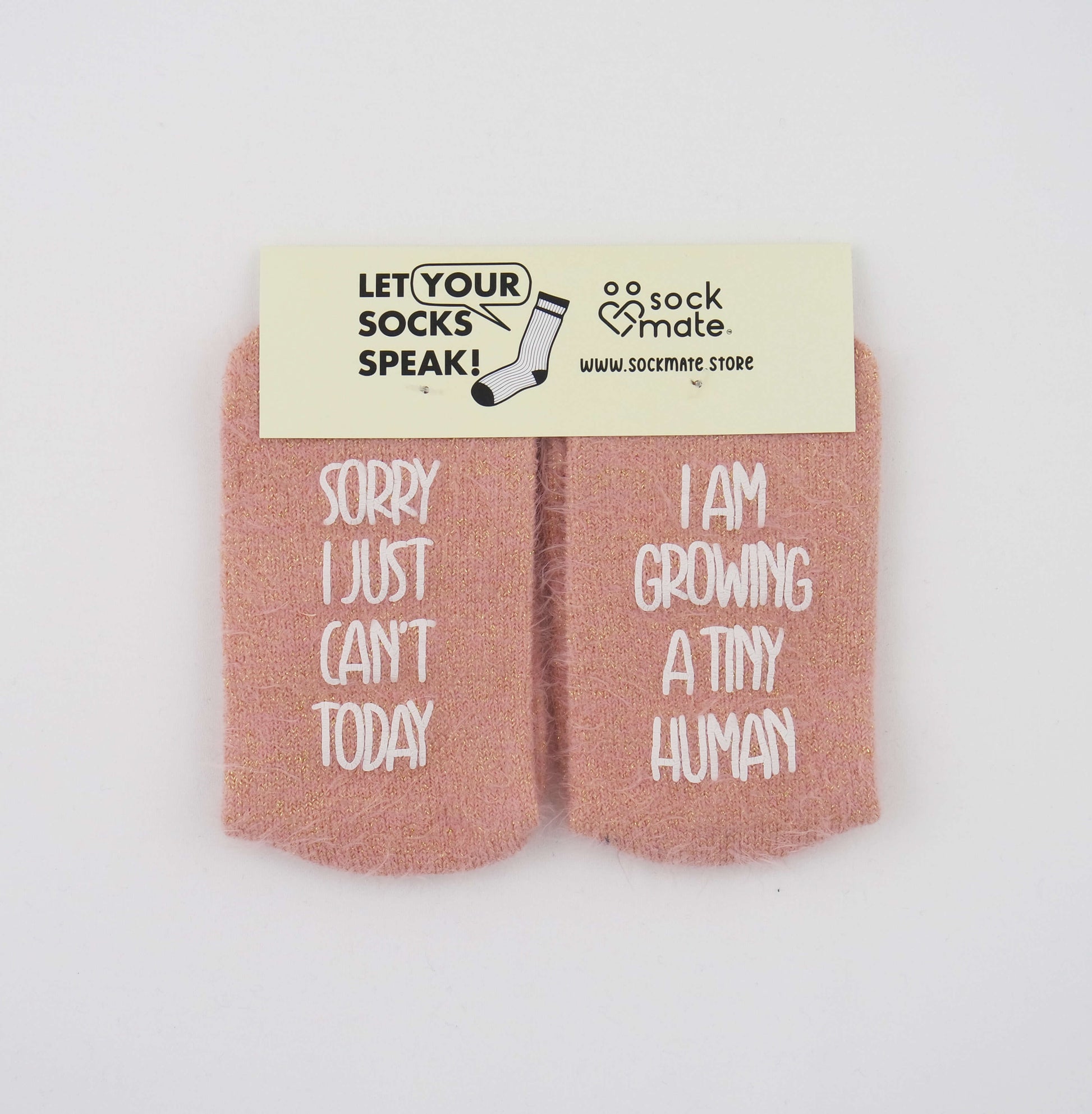 Socks adorned with a light-hearted expression of pregnancy, symbolizing the awe-inspiring process of bringing a new life into the world.