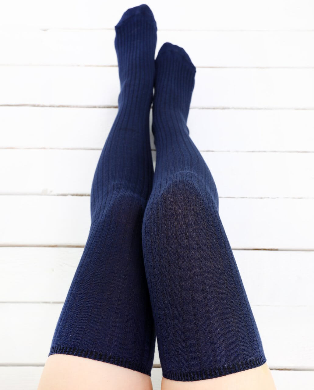 Women's Navy Ribbed Cotton Thigh High Socks