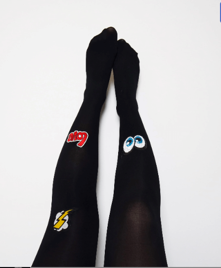 sequined pop art tights, featuring colorful and sparkling sequin patterns inspired by pop art.