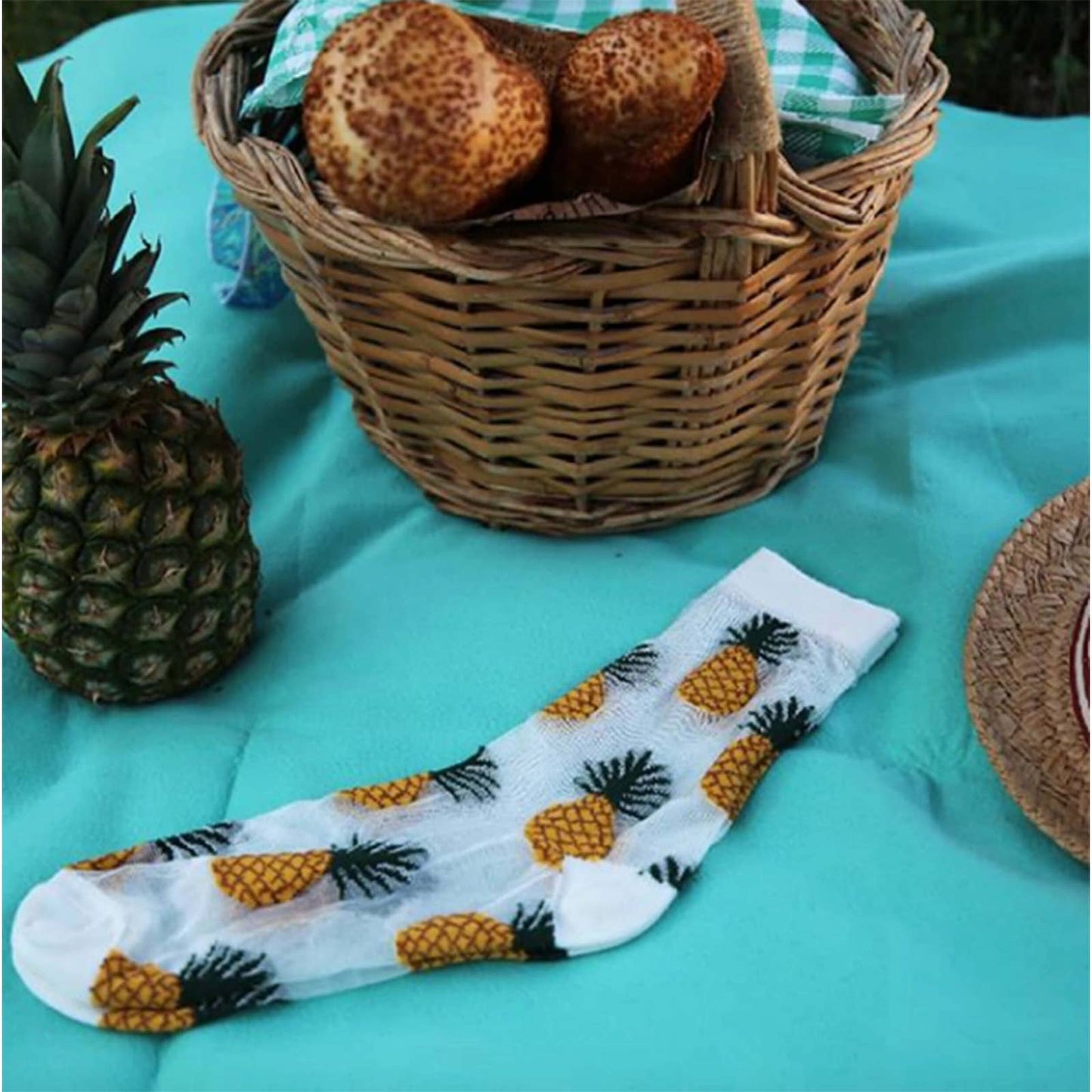 women's white sheer socks with delightful pineapple embroidery, adding a fun and playful element to the design.