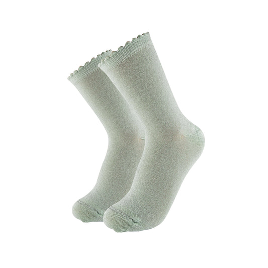 sage glitter socks, providing a stylish and shimmery accessory to enhance the overall look of any outfit.
