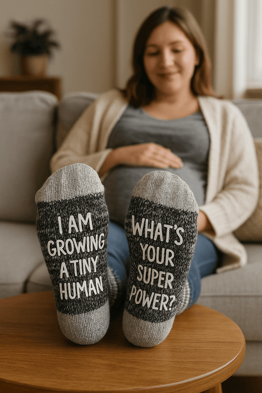 "I Am Growing A Tiny Human, What's Your Super Power?" New Mom Socks - Black