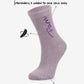 Lilac Sockmate custom embroidered sock labeled “Pam,” with arrows highlighting “soft & glitter” texture and note that embroidery is added to one sock only.
