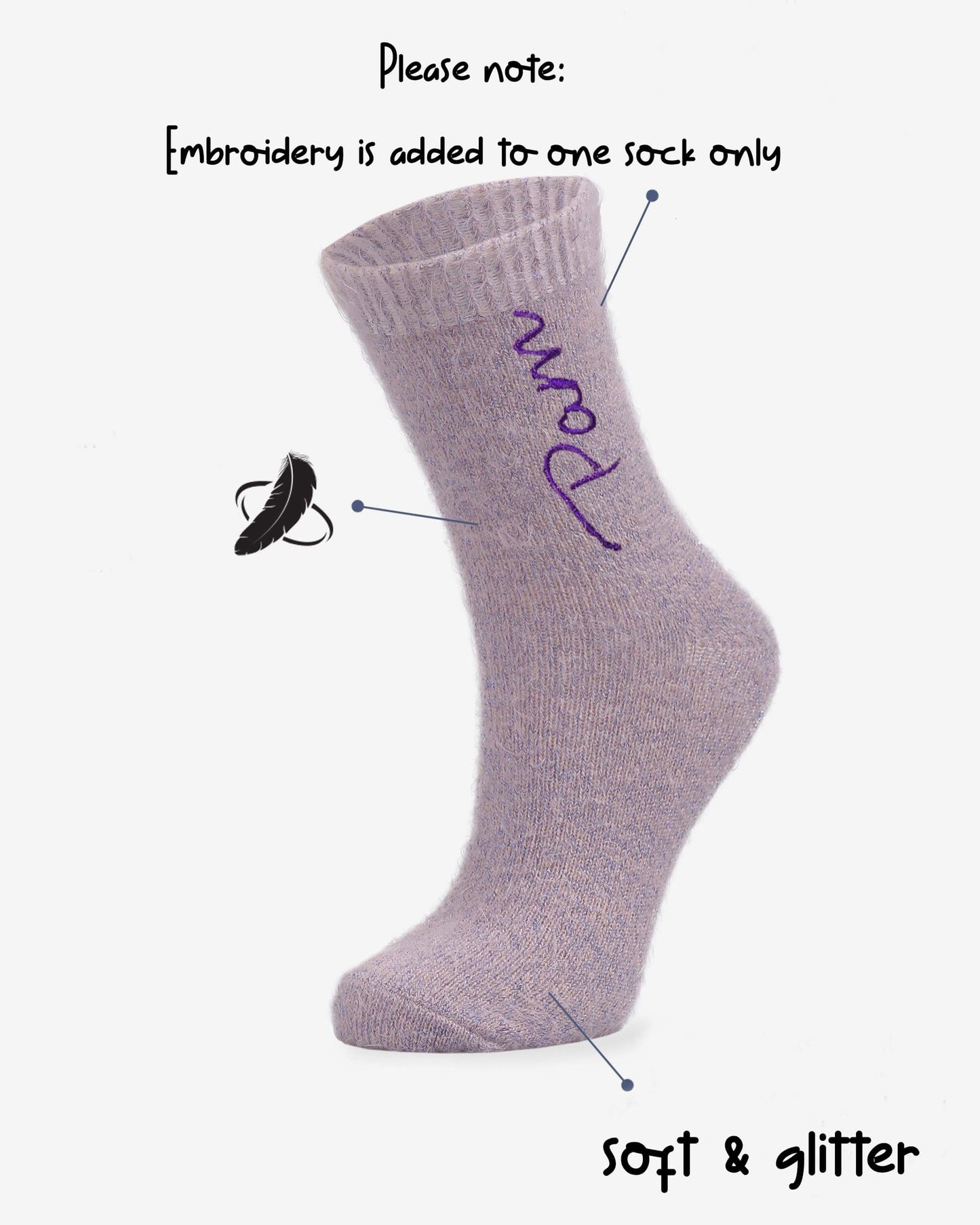 Lilac Sockmate custom embroidered sock labeled “Pam,” with arrows highlighting “soft & glitter” texture and note that embroidery is added to one sock only.