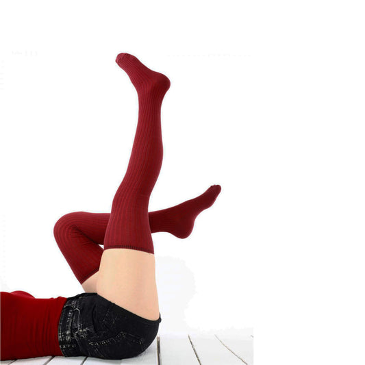 Women's Burgundy Ribbed Cotton Thigh High Socks