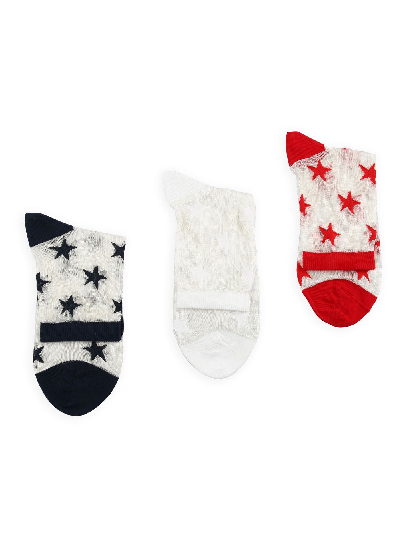 Women's Sheer Stars Socks, White-Red-Dark Blue Mesh Socks, Lace Handmade Gift Socks, Tulle-Transparent Socks, Embroidered Hosiery, Size 6-10