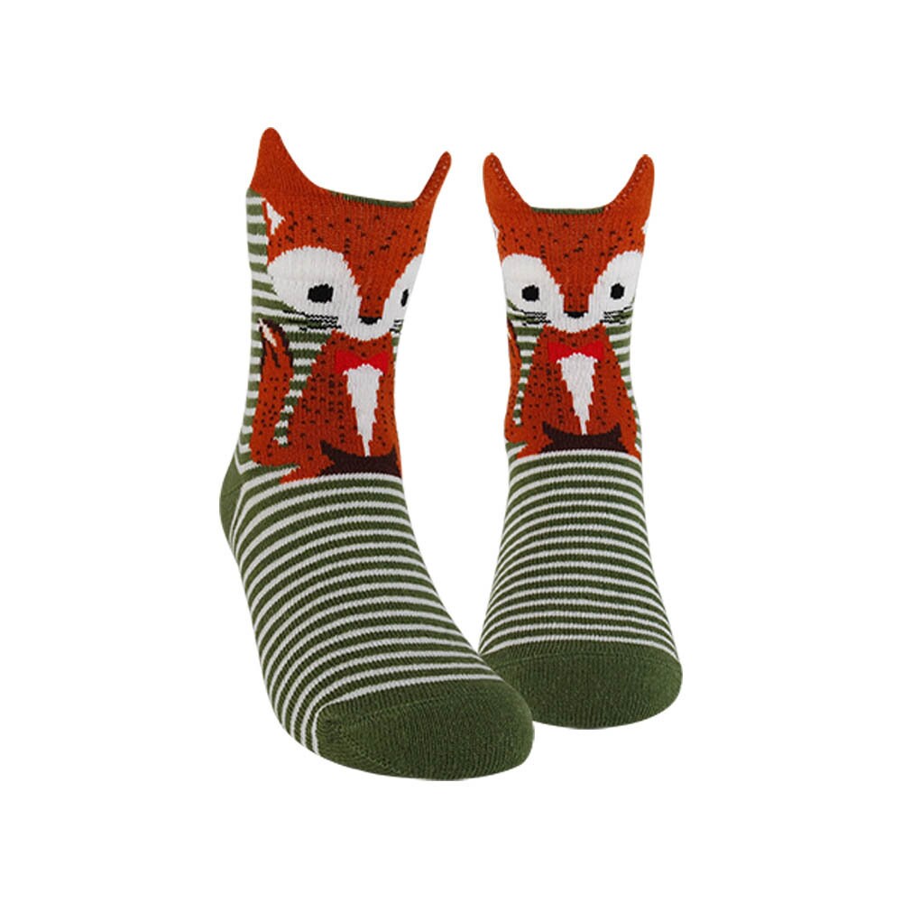 Women's 3D Fox Print Socks Green, Black, Beige Color Socks, Christmas Socks, Fall Gift Socks, Animal Print Socks, Women Crew Cotton socks