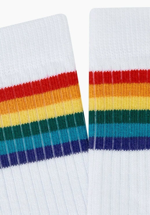 Women's Classic White Rainbow Stripe Knee Socks, Skating Socks, Gift for Her, Premium Cotton Skating Socks, Stocking Gift, White Color