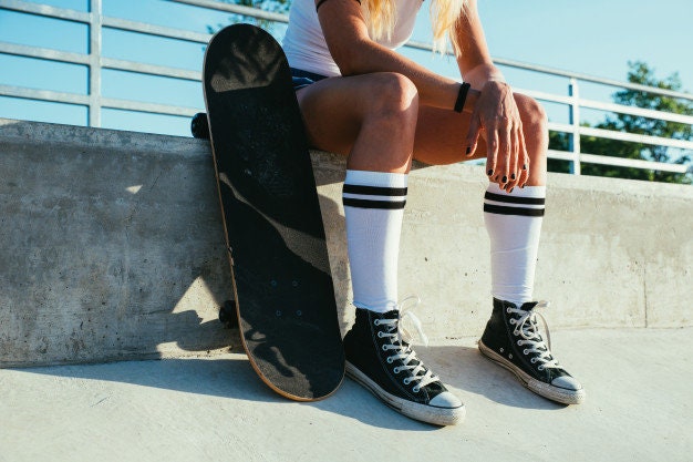 Classic White Black Stripe Knee High Socks, Skating Socks, Gift for her, Premium Cotton Skating Socks, Thigh High Socks, Skate Boarding Sock