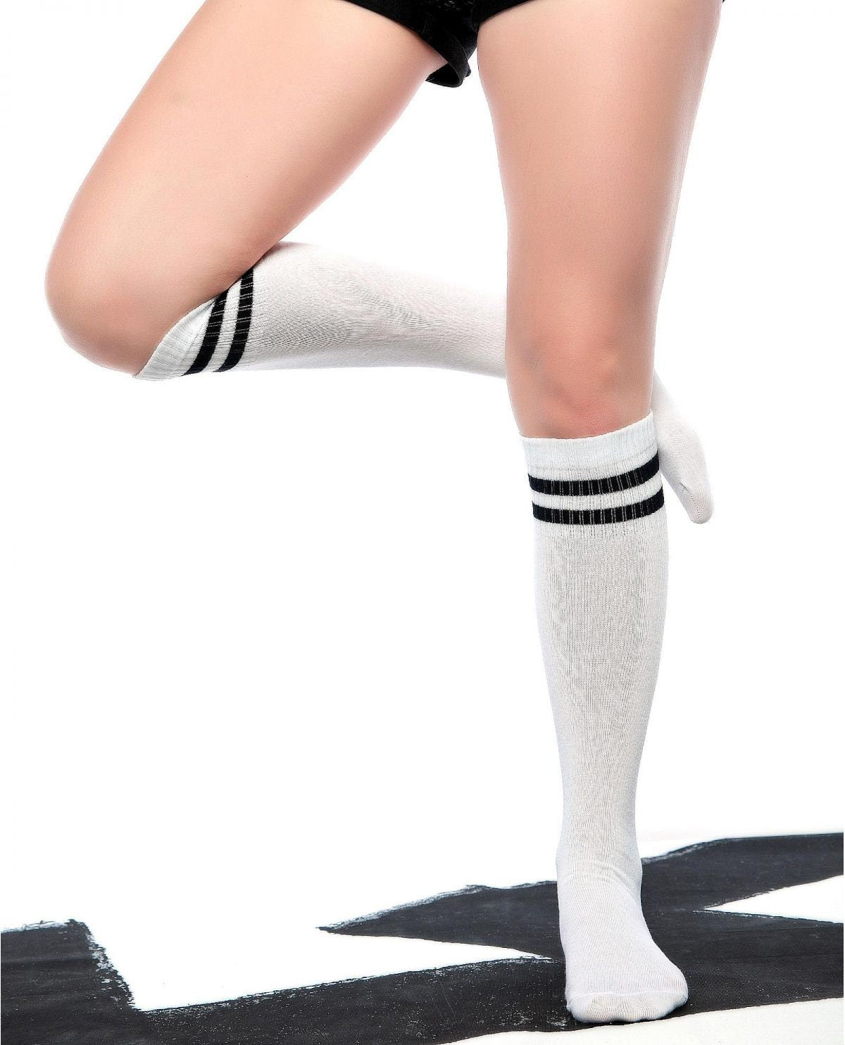 Classic White Black Stripe Knee High Socks, Skating Socks, Gift for her, Premium Cotton Skating Socks, Thigh High Socks, Skate Boarding Sock