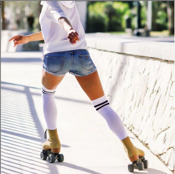 Classic White Black Stripe Knee High Socks, Skating Socks, Gift for her, Premium Cotton Skating Socks, Thigh High Socks, Skate Boarding Sock