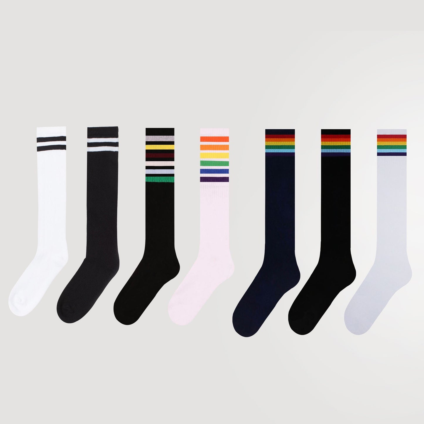 Women's Classic White Rainbow Stripe Knee Socks, Skating Socks, Gift for Her, Premium Cotton Skating Socks, Stocking Gift, White Color