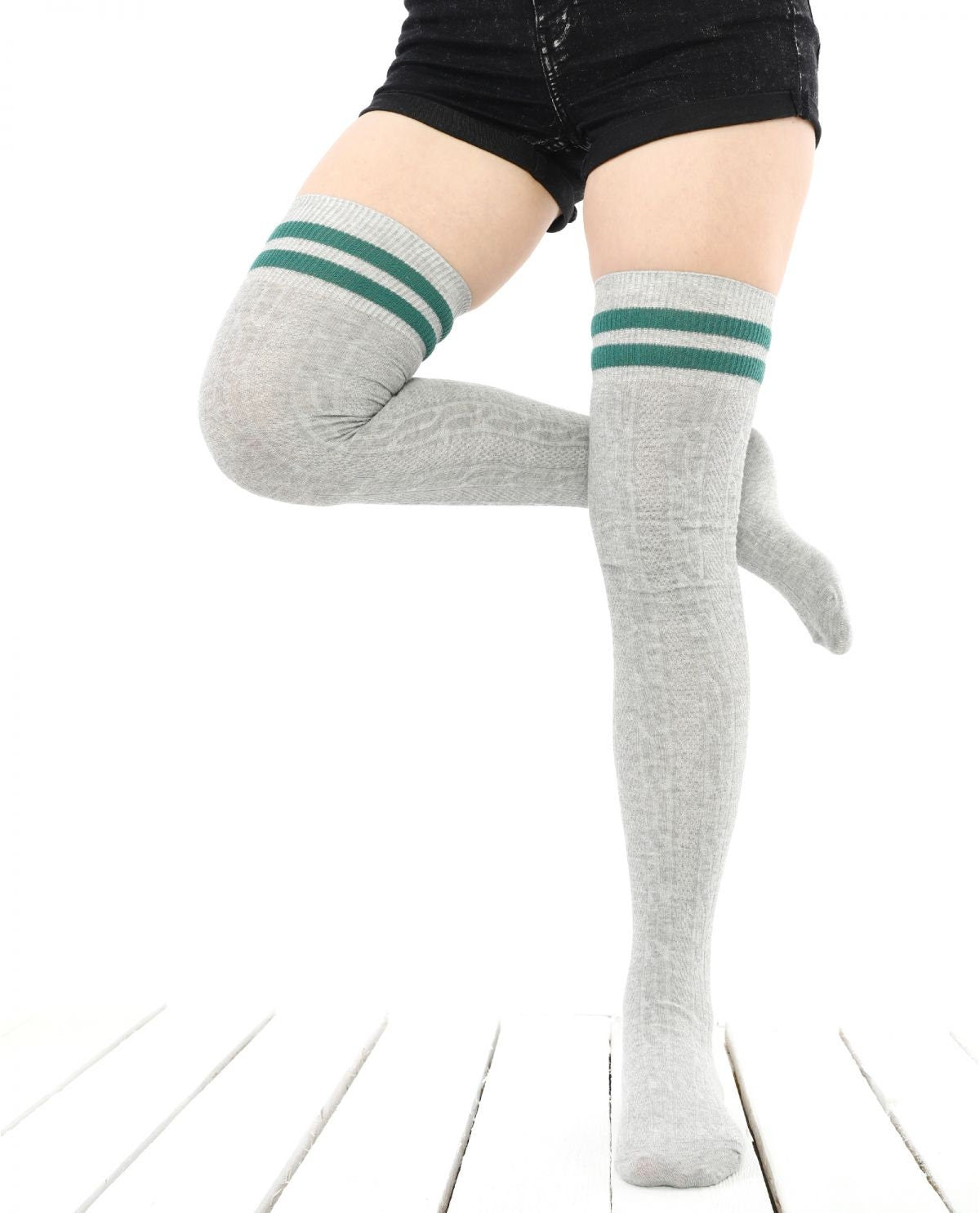 Women's Long Over the Knee Socks, Green Stripe Thigh High, Skating Sock, Knee High Sock, Stocking Gift, Cotton Knee Socks, Gift Idea for Her