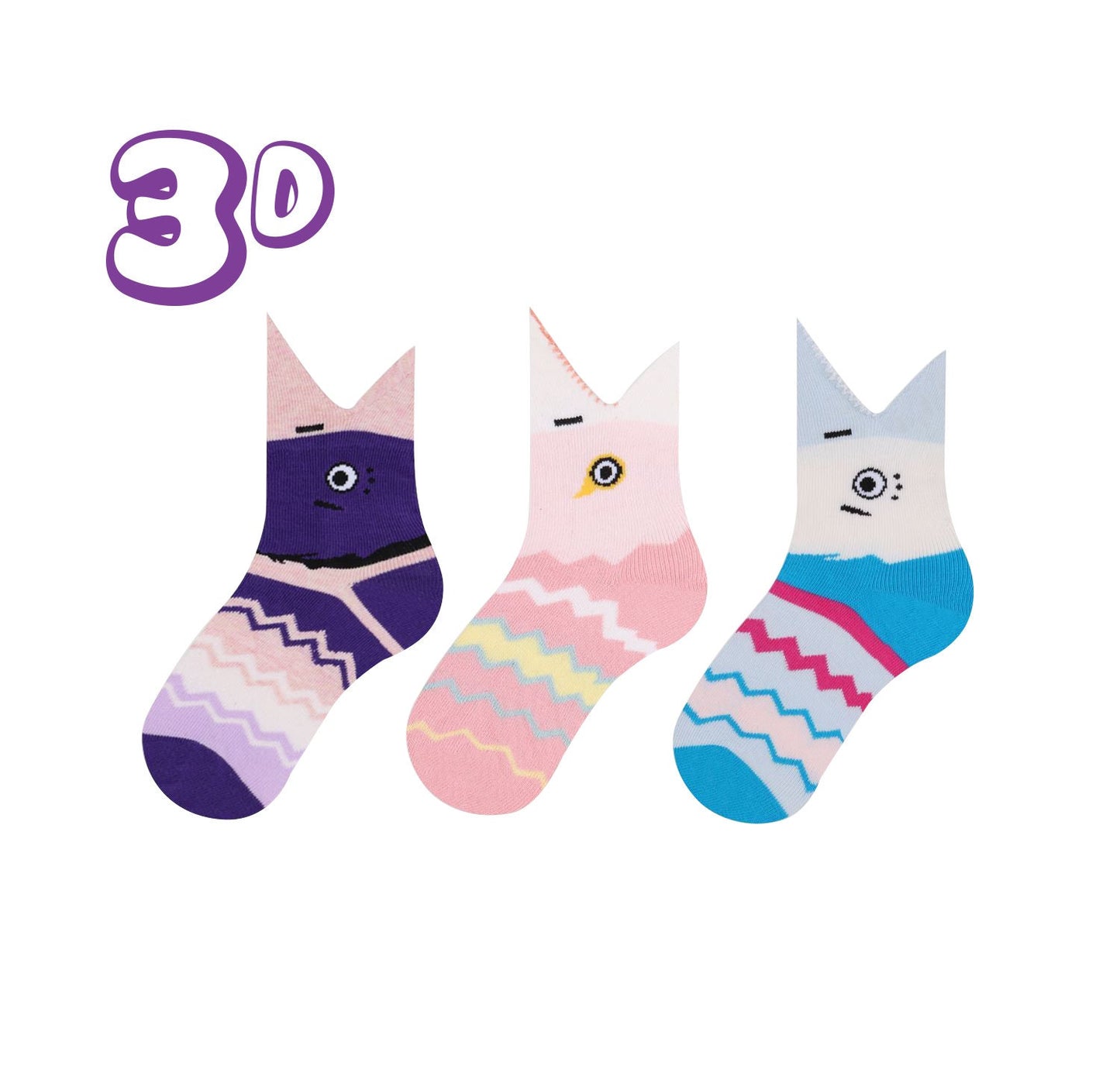 Pack Of 3 Kid's Shark Crew Socks, Animal Hosiery, Pink, Purple, Blue Color Fish Sock Gift for Girls, Ages 1-3, 3-5, 5-7, 7-9, 9-11 years old