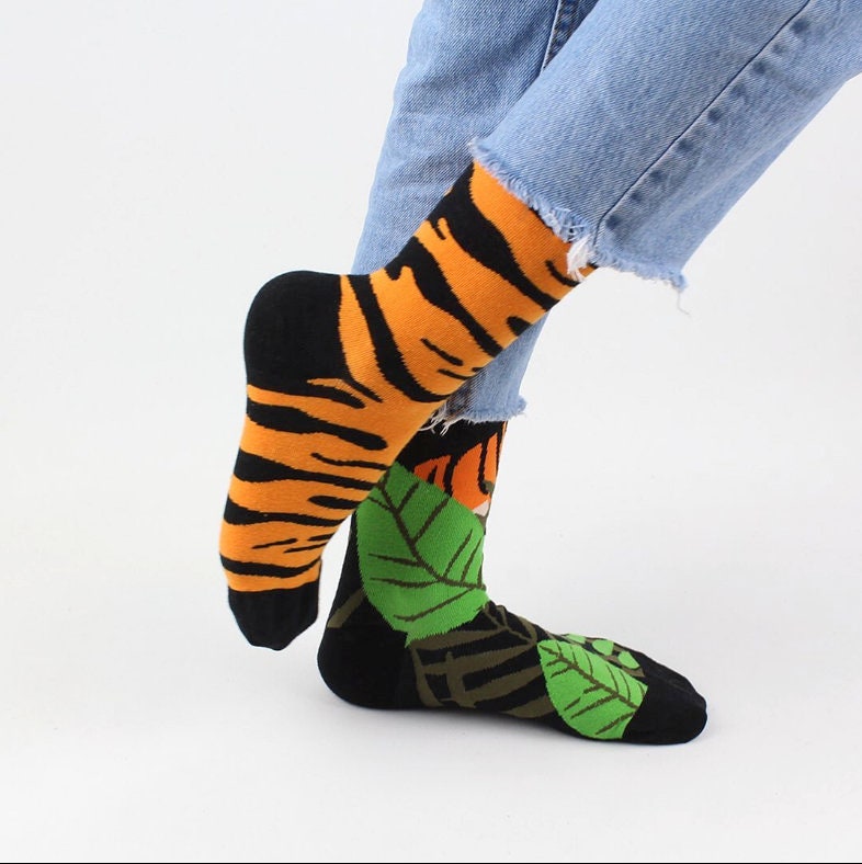 Tiger Mismatched Socks, Tiger Socks, Jungle Cat Sock, Mismatched Socks, Matched Couple Sock, Gift For Couple, Safari Socks, Socking Stuffers