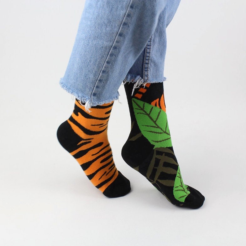 Tiger Mismatched Socks, Tiger Socks, Jungle Cat Sock, Mismatched Socks, Matched Couple Sock, Gift For Couple, Safari Socks, Socking Stuffers