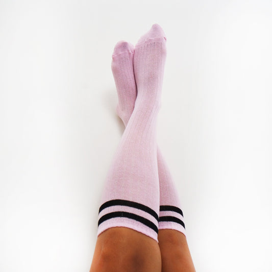 Girls Trip Socks, Girls Party Favor, Women's Pink Knee High Socks With Black Stripes, Skating Socks, Skate Boarding Sock, Girls Weekend Sock