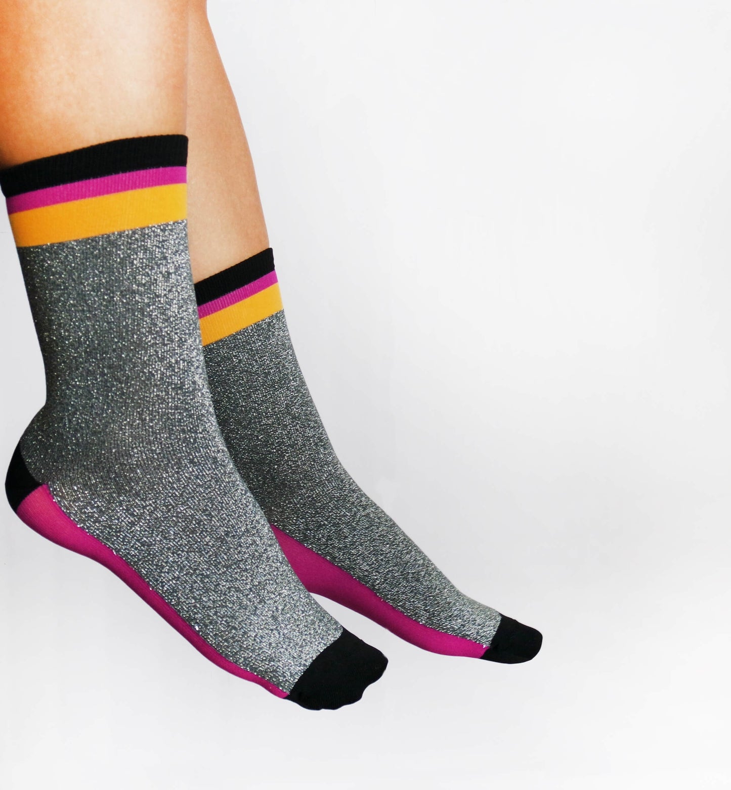 Women's Gray Glitter Socks With Pink/Yellow Stripes, Lace Socks, Tulle Sock, Shiny, Sparkly Hosiery, Super Soft, Fashion, High Heels Socks