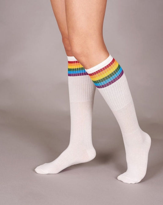 Women's Classic White Rainbow Stripe Knee Socks, Skating Socks, Gift for Her, Premium Cotton Skating Socks, Stocking Gift, White Color