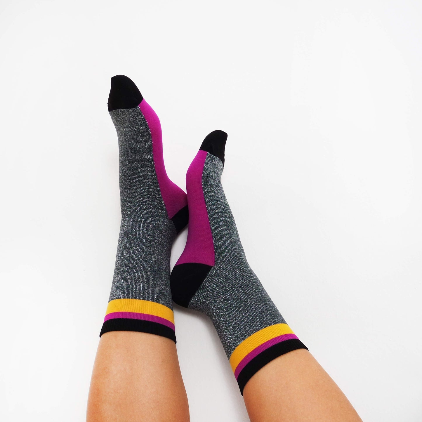 Women's Gray Glitter Socks With Pink/Yellow Stripes, Lace Socks, Tulle Sock, Shiny, Sparkly Hosiery, Super Soft, Fashion, High Heels Socks