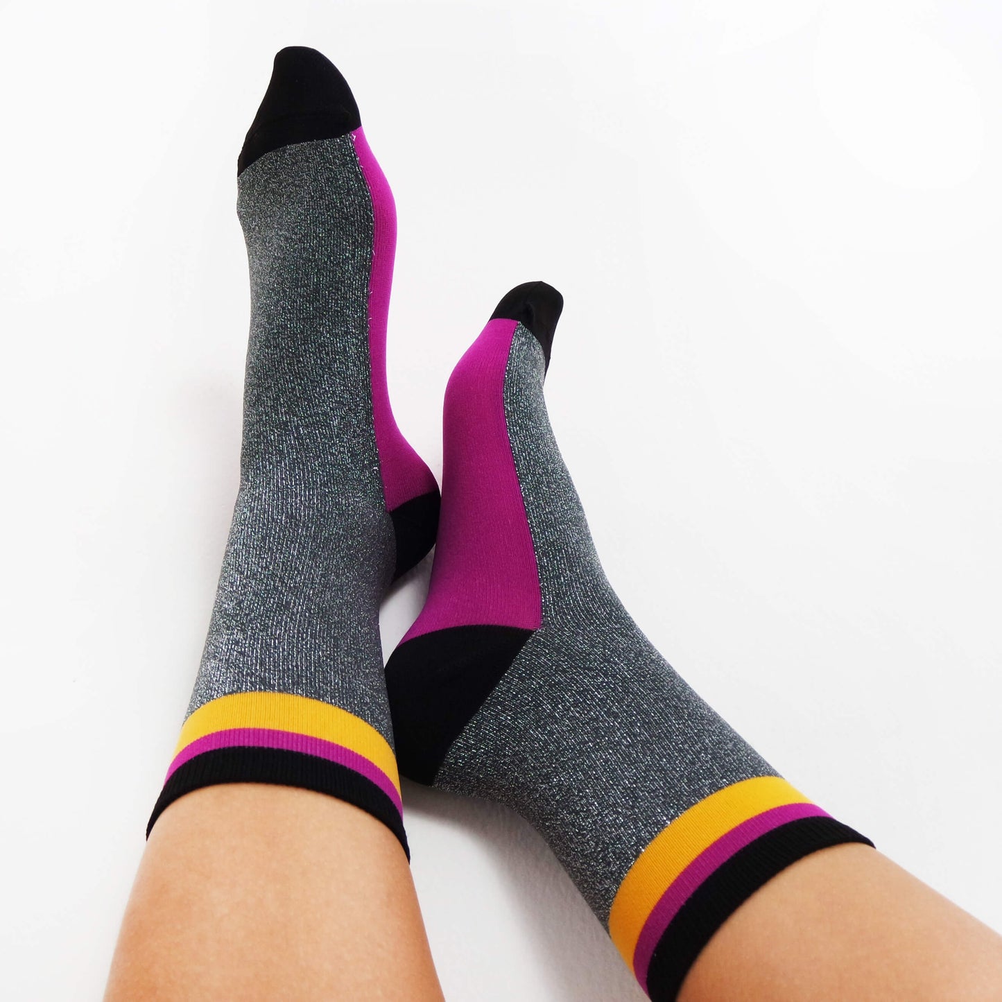 Women's Gray Glitter Socks With Pink/Yellow Stripes, Lace Socks, Tulle Sock, Shiny, Sparkly Hosiery, Super Soft, Fashion, High Heels Socks