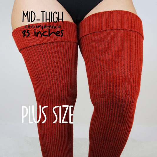 RIBBED PLUS SIZE Thigh High Socks, Women's Chunky Extra Long Over The Knee Stocking, Autumn, Brick Color, Fall Season Sweater Leg Warmers