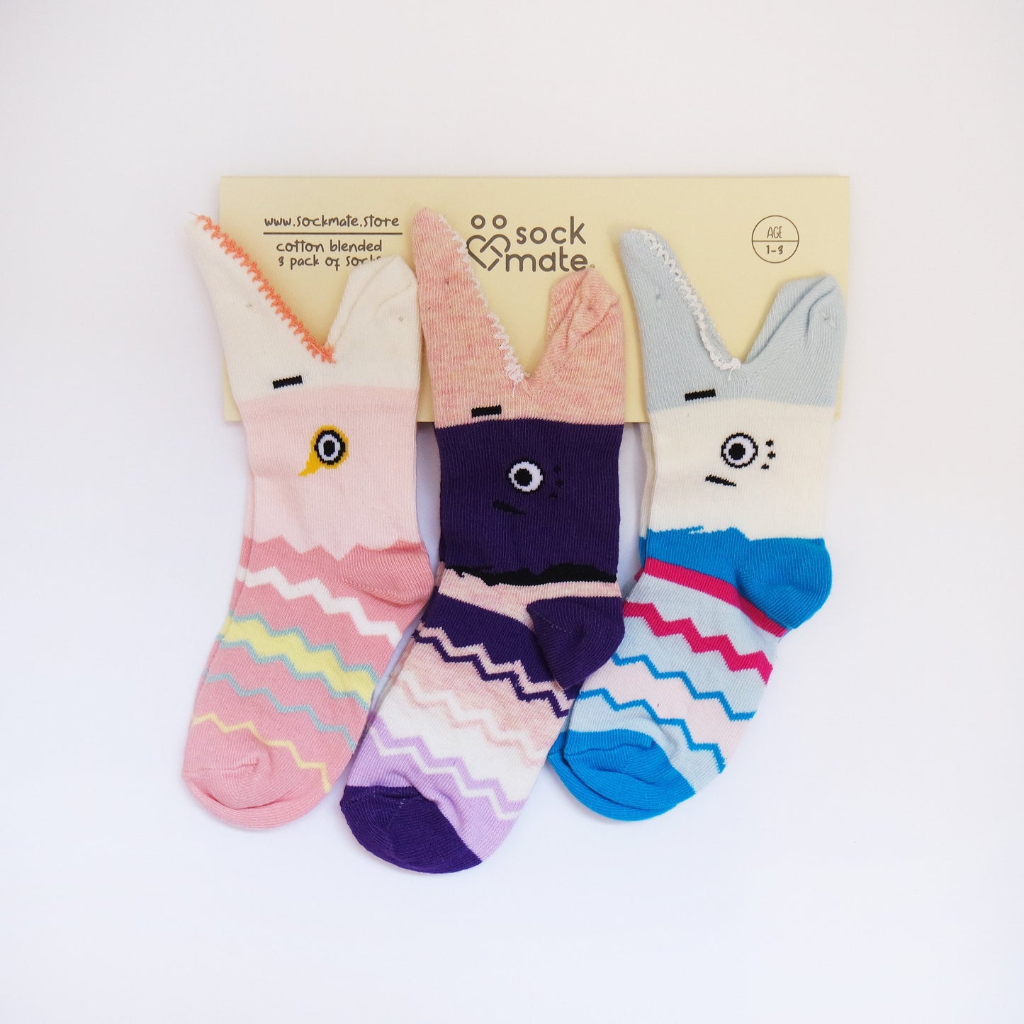 Pack Of 3 Kid's Shark Crew Socks, Animal Hosiery, Pink, Purple, Blue Color Fish Sock Gift for Girls, Ages 1-3, 3-5, 5-7, 7-9, 9-11 years old