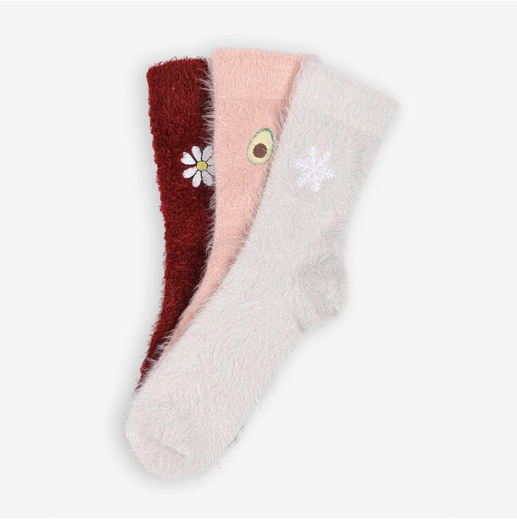 3-Pack Fuzzy Embroidered Women's Socks, Cozy Socks For Her, Stocking Stuffers, Embroidered Snowflake, Daisy, Avocado Socks, Fluffy Socks