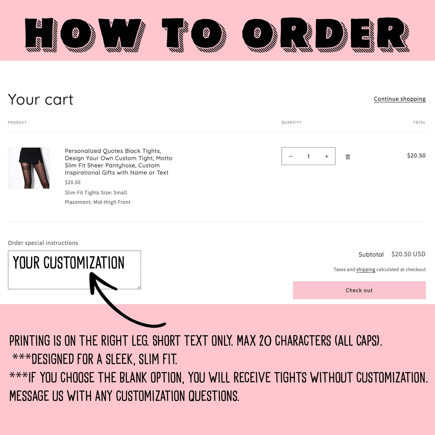 Online shopping cart with customization options on a pink background