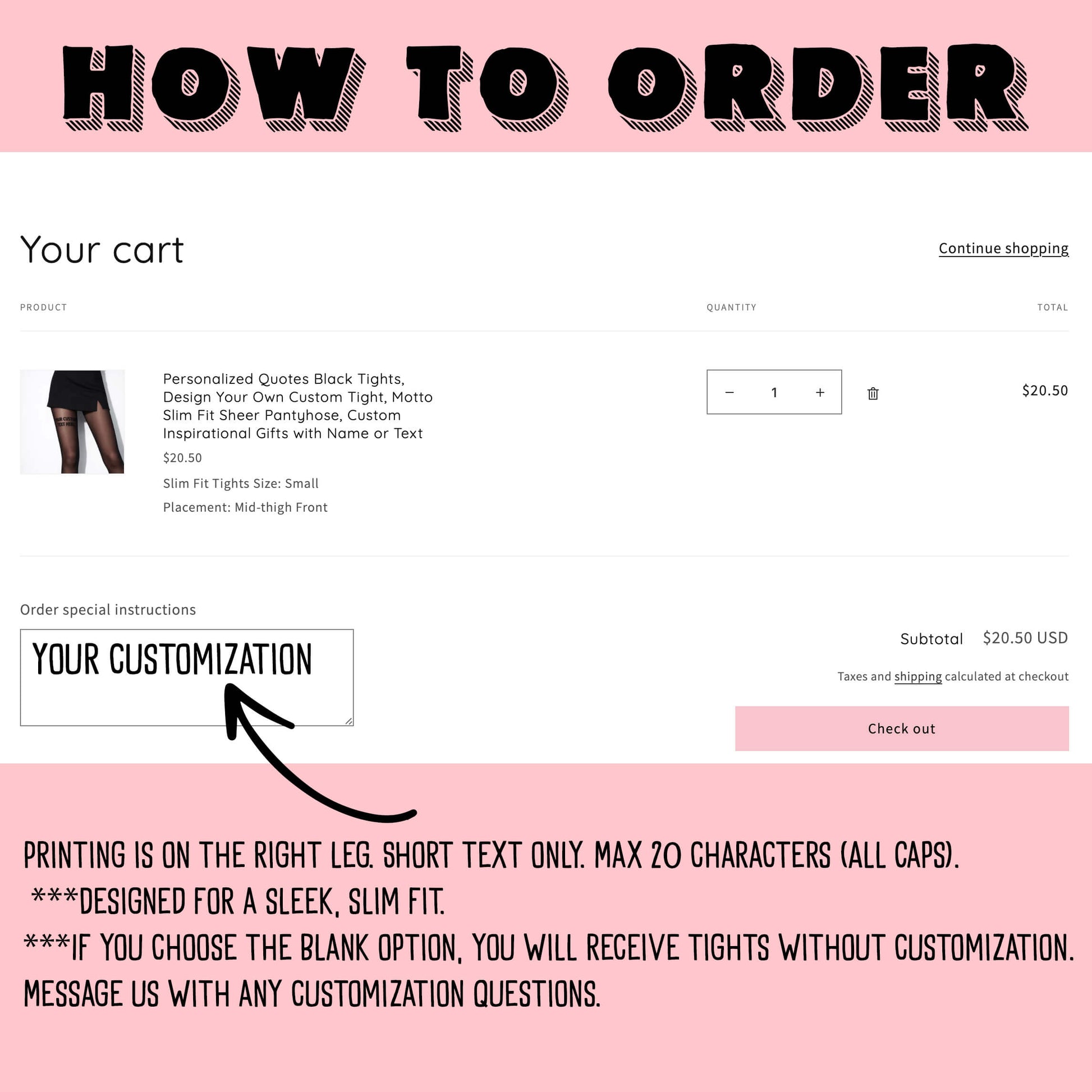 Online shopping cart with customization options on a pink background