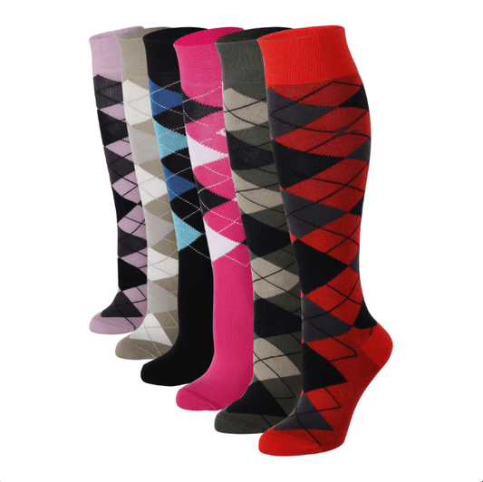 women's argyle knee-high colorful socks, featuring a vibrant and stylish pattern for a chic and fashionable look.