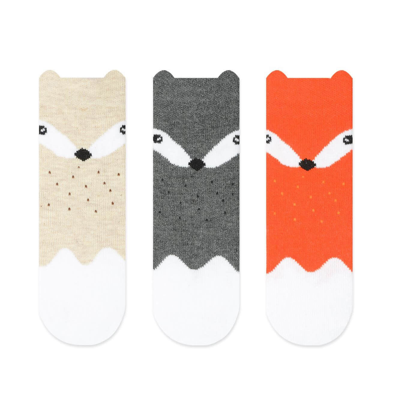 Kid's 3D Fox Under Knee Socks by Sockmate, Knee High Foxes for age 1-11, Gray beige and orange color options