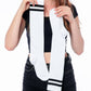 "Knee-high socks with a trendy black and white striped design, offering a timeless and stylish look for women