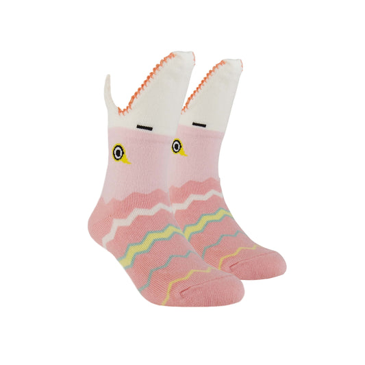 Adorable pink shark-themed 3D accessories socks for kids, designed with attention to detail.