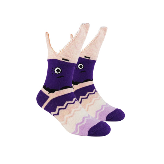 Photo of purple 3D accessories shark kids socks, featuring a playful shark design.