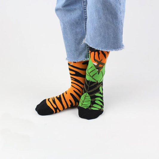 Sockmate mismatched sock collection. Tiger pattern jungle themed socks for any occasional gifts. Camp lover gifts