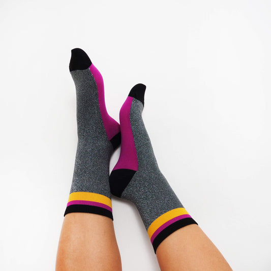 Women's Gray Glitter Socks With Pink/Yellow Stripes