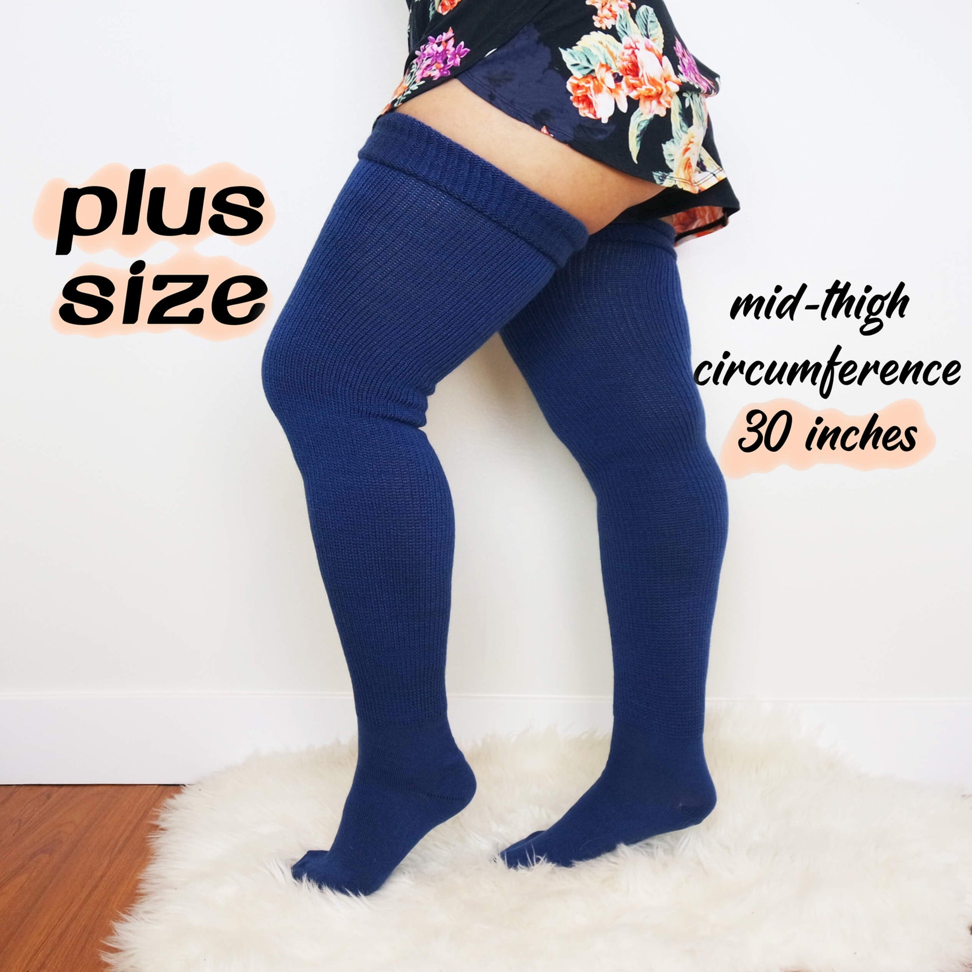 A woman wears plus size extra long thigh high stocking. She wore a sexy short with Warm blue extra wide opening knit thigh high sock style makes her cozy at home