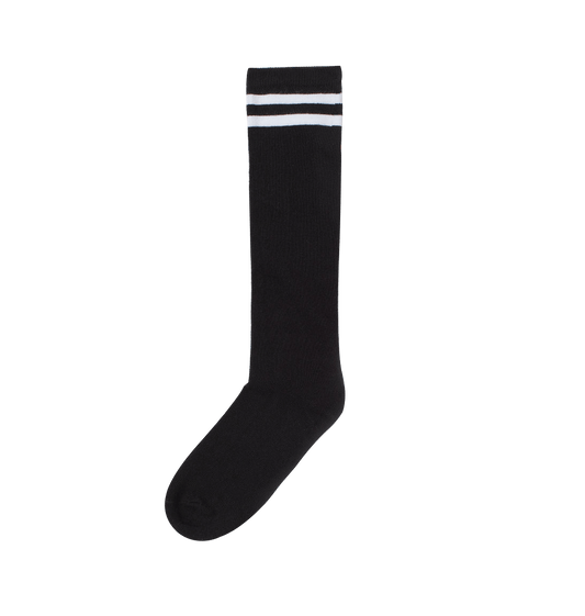 Women's knee-high socks with a stylish black and white striped design, suitable for both casual and dressy occasions.