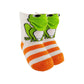frog 3D newborn socks for infants. orange striped style, green color stripe sock