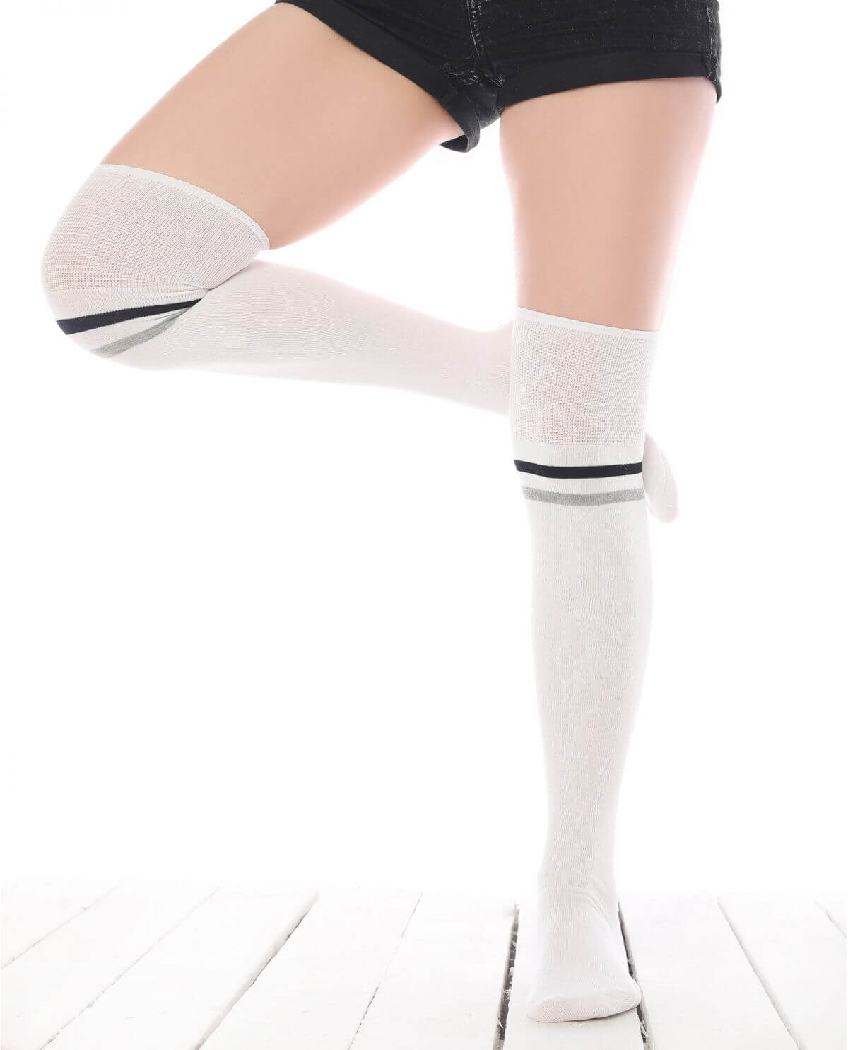 Gray-Black Striped White Cotton Thigh High Socks - Sockmate