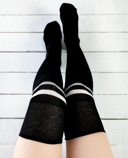 Gray-White Striped Black Cotton Thigh High Socks - Sockmate